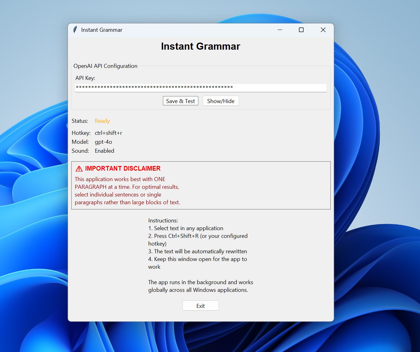 Instant Grammar application interface showing OpenAI API configuration, status, and usage instructions